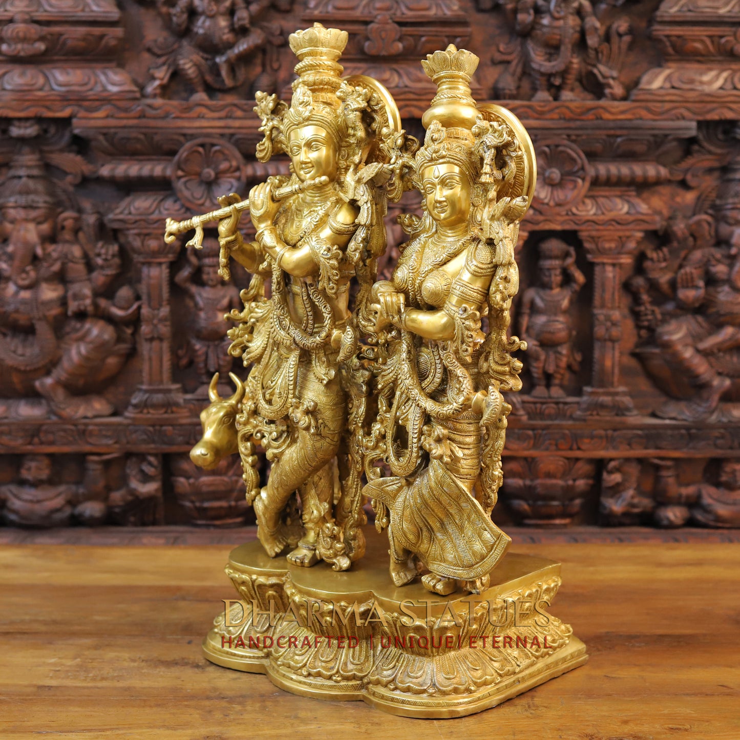 Brass Radha Krishna Standing with Cow on a Single Base, Golden Finish, 27"