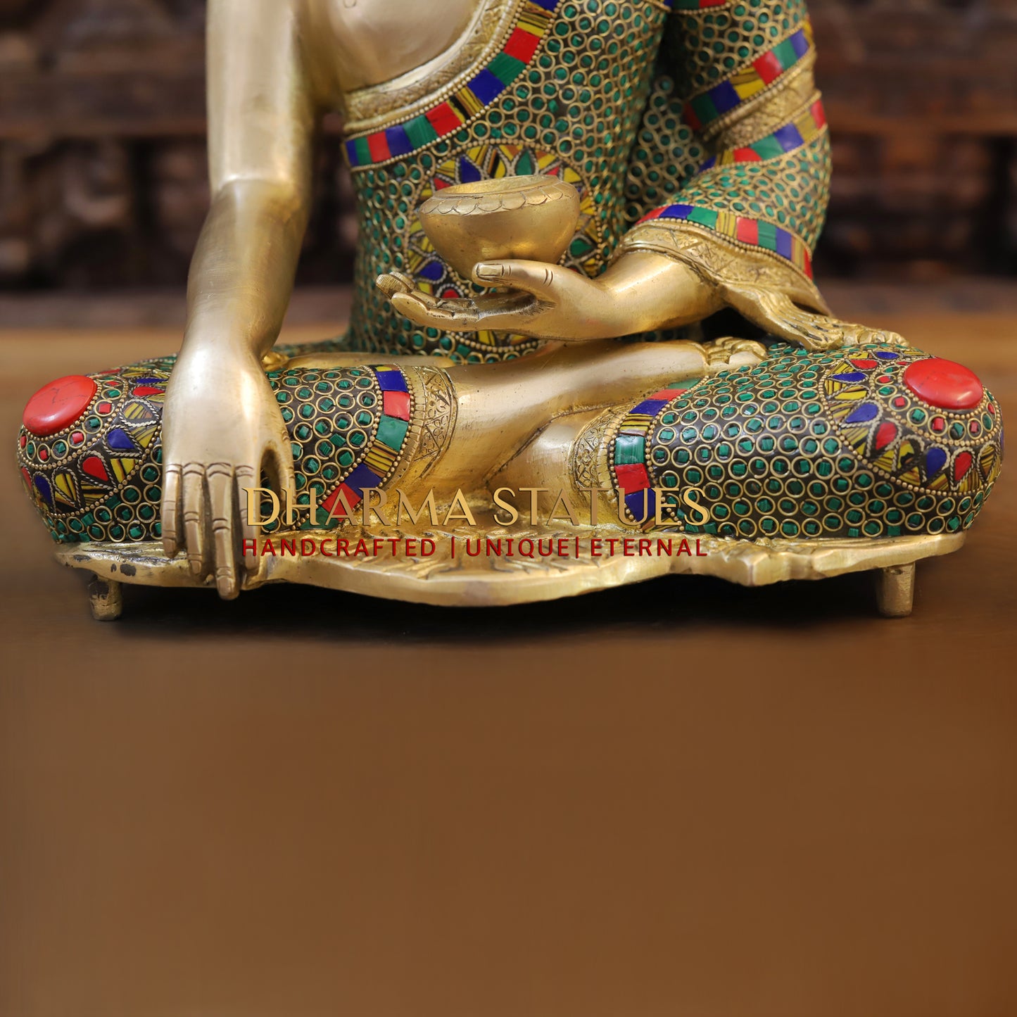 Brass Buddha seated, Blessing Position, Golden & Stonework, 16"