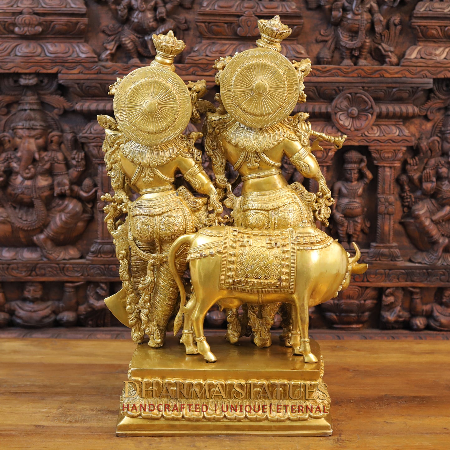 Brass Radha Krishna Standing with Cow on a Single Base, Golden Finish, 27"
