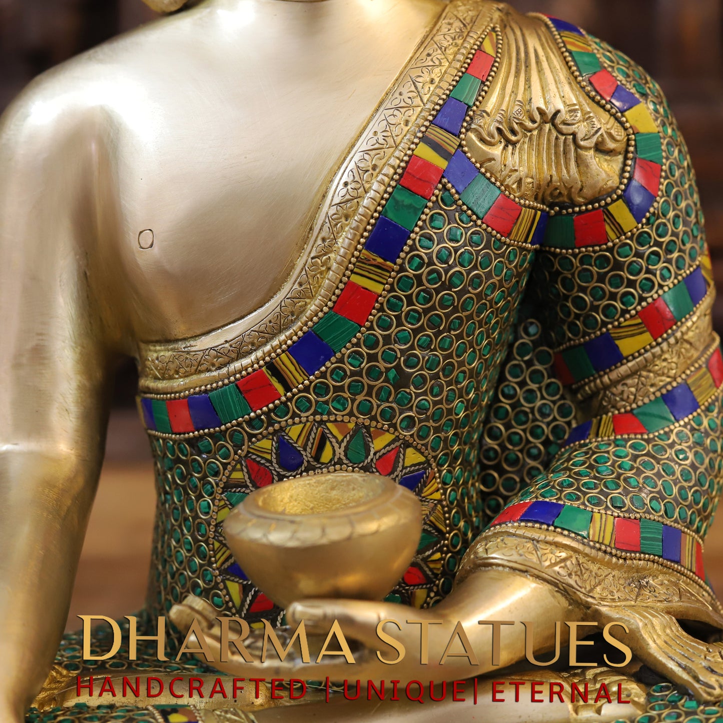 Brass Buddha seated, Blessing Position, Golden & Stonework, 16"