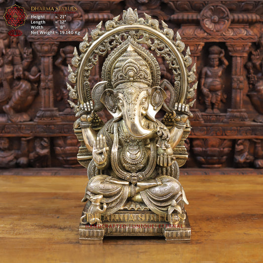 Brass Ganesh seated on Throne, Golden Finish, 21"