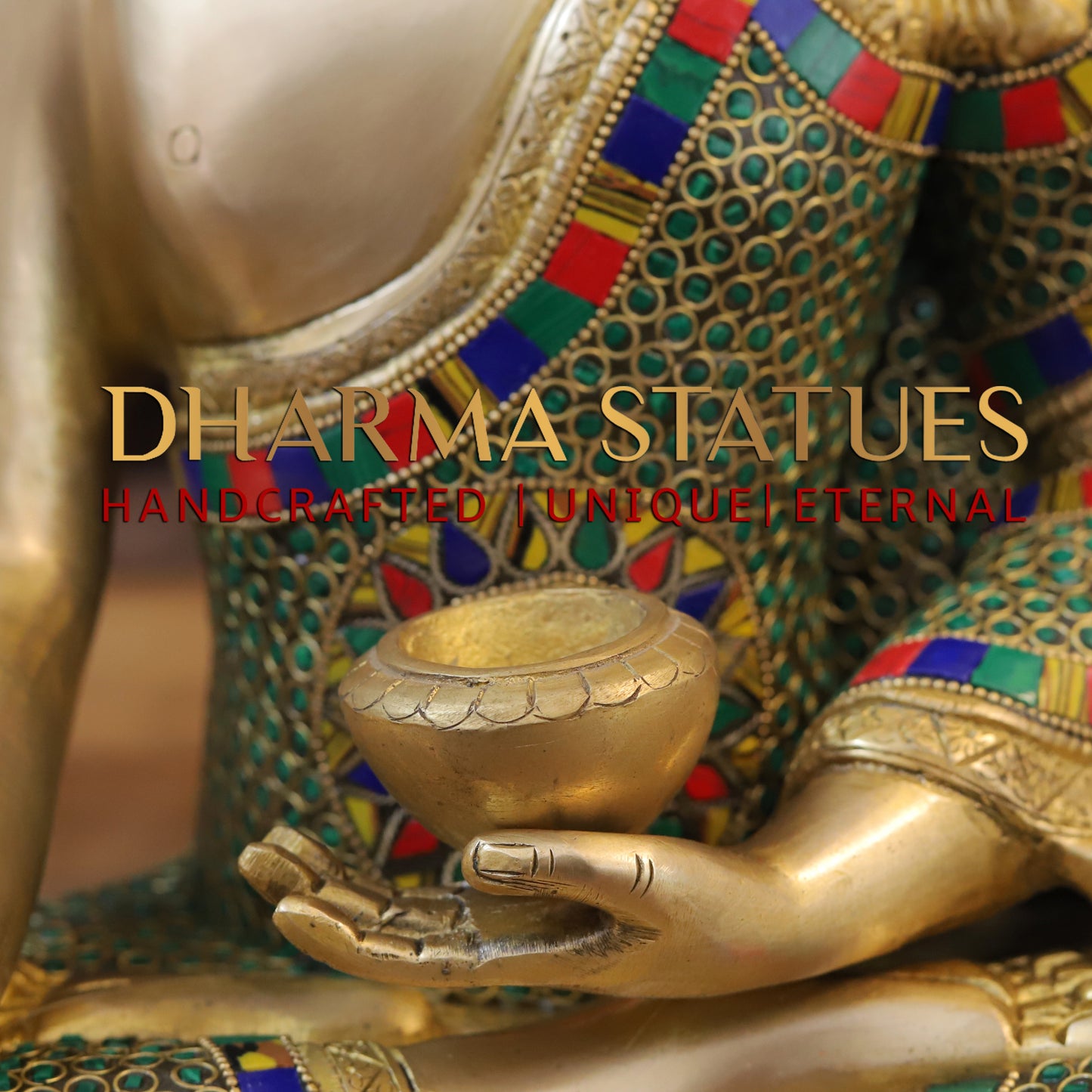 Brass Buddha seated, Blessing Position, Golden & Stonework, 16"