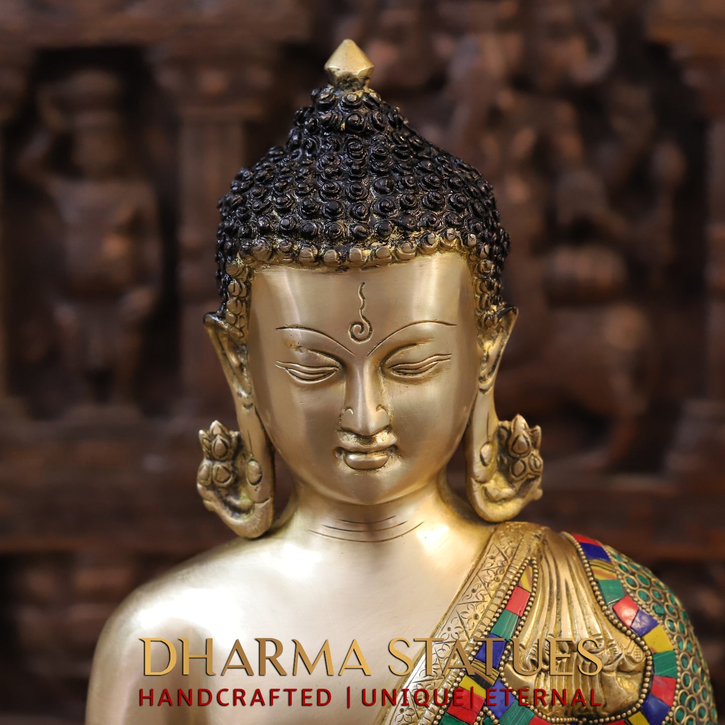 Brass Buddha seated, Blessing Position, Golden & Stonework, 16"