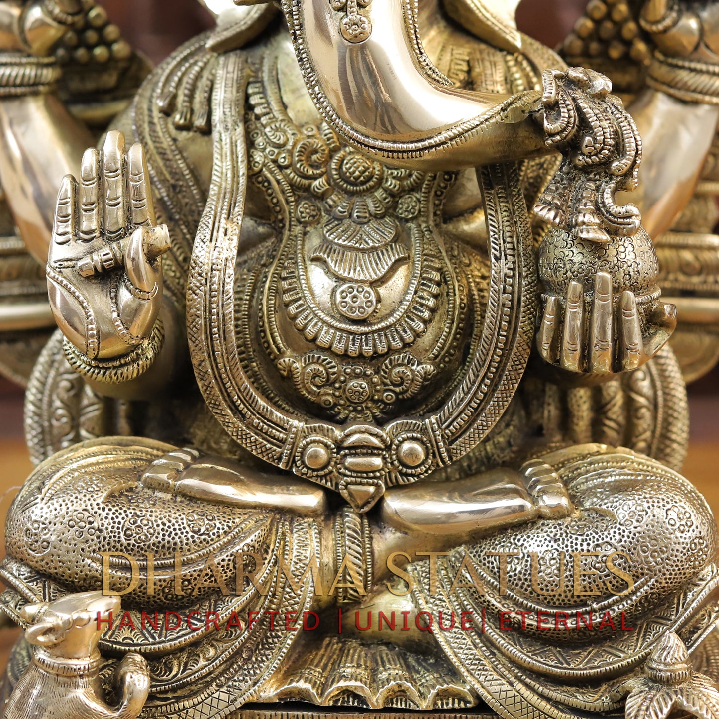 Brass Ganesh seated on Throne, Golden Finish, 21"