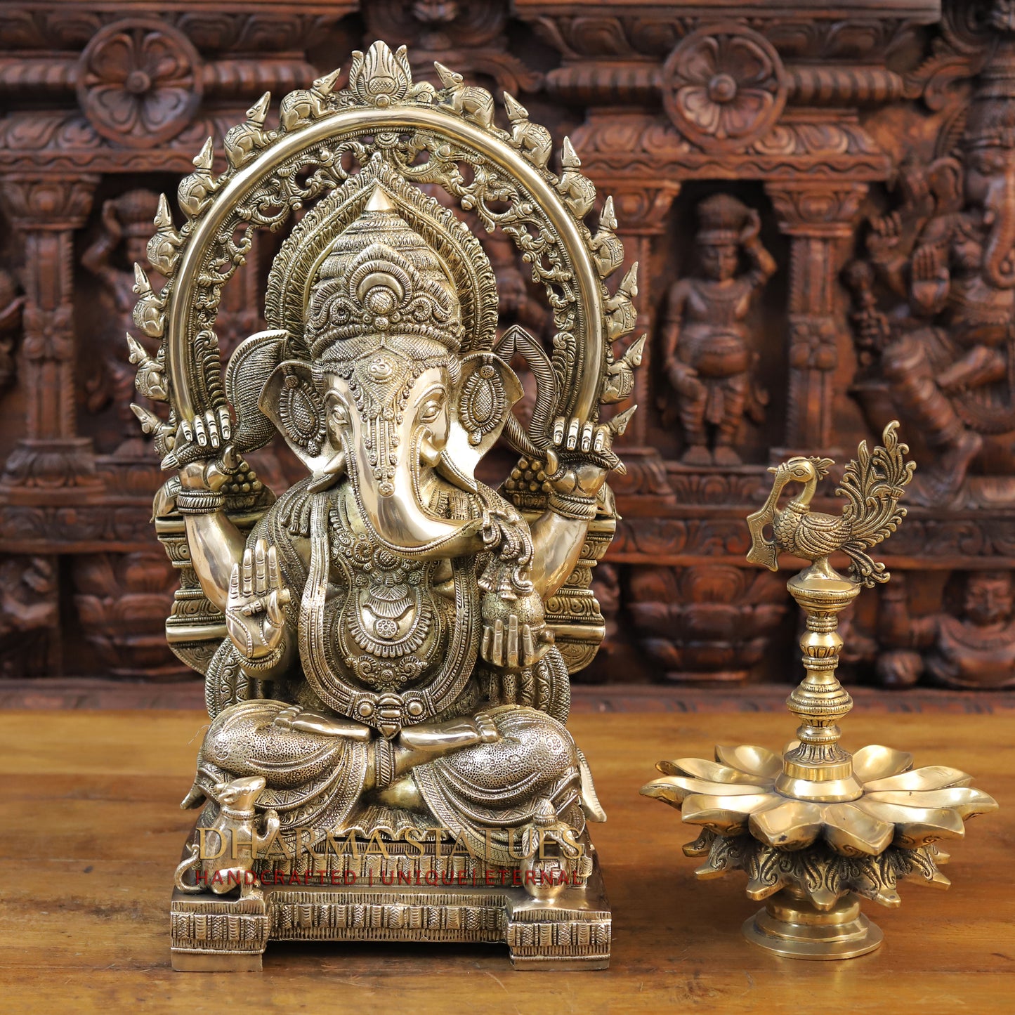 Brass Ganesh seated on Throne, Golden Finish, 21"