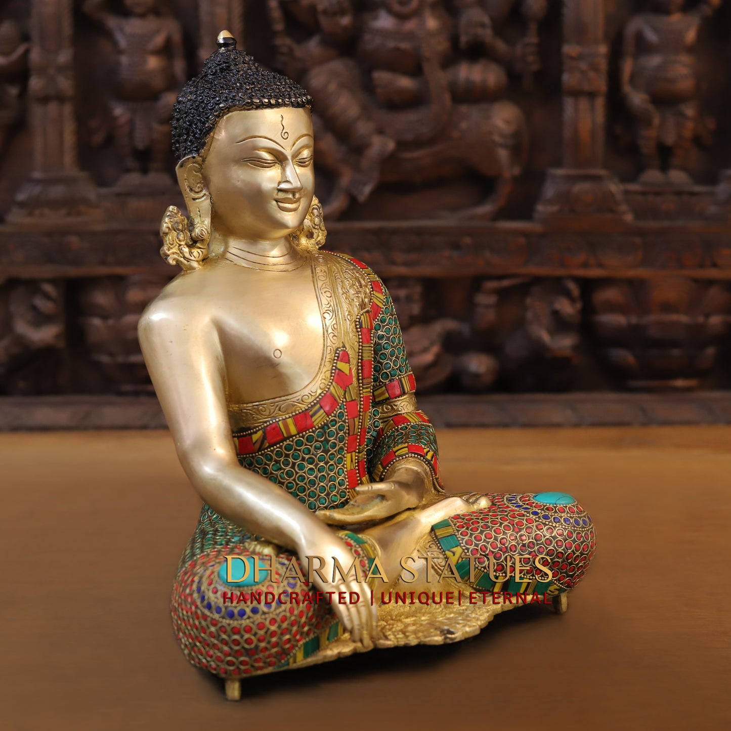 Brass Buddha seated, Bhumisparsha Mudra, Golden & Stonework, 13"