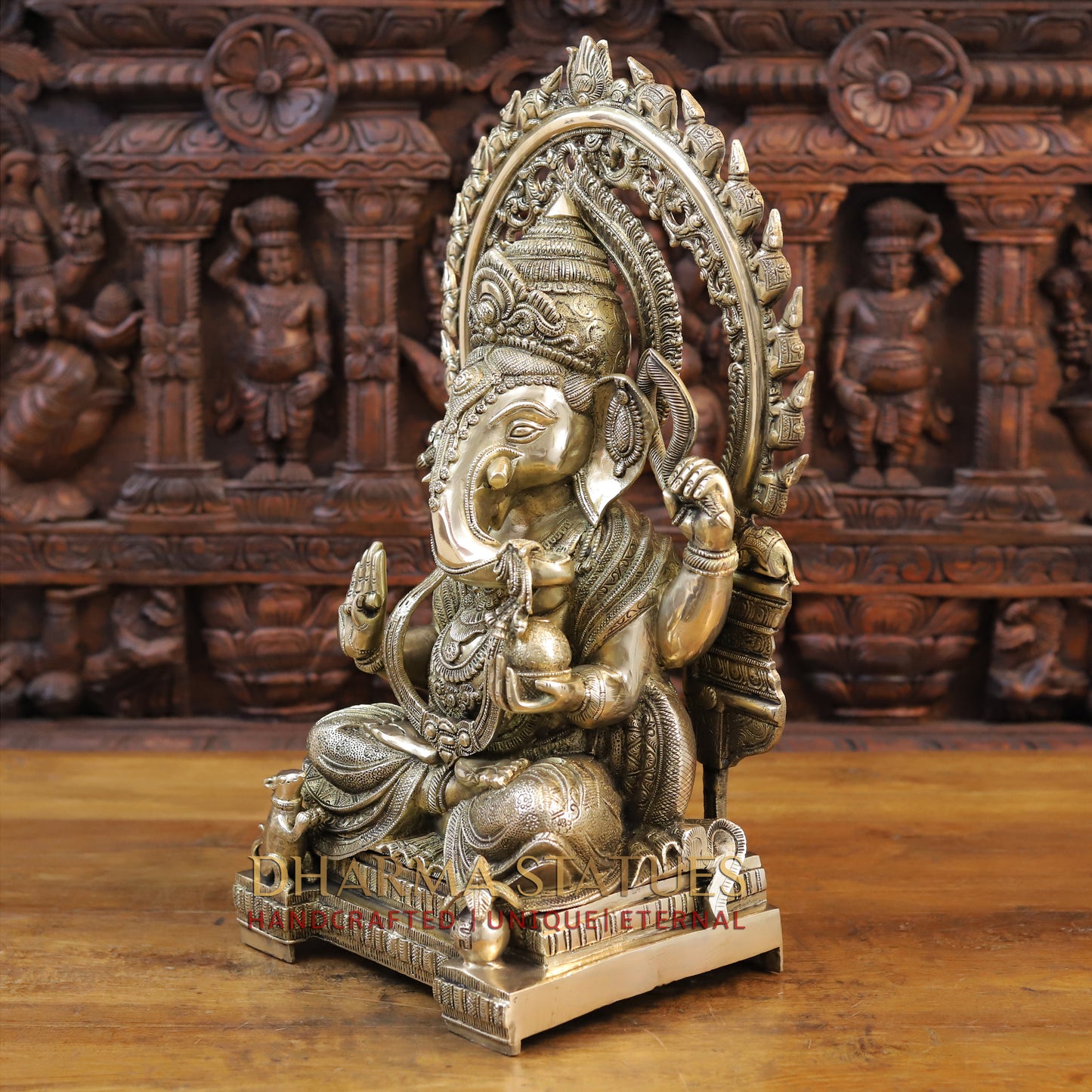 Brass Ganesh seated on Throne, Golden Finish, 21"