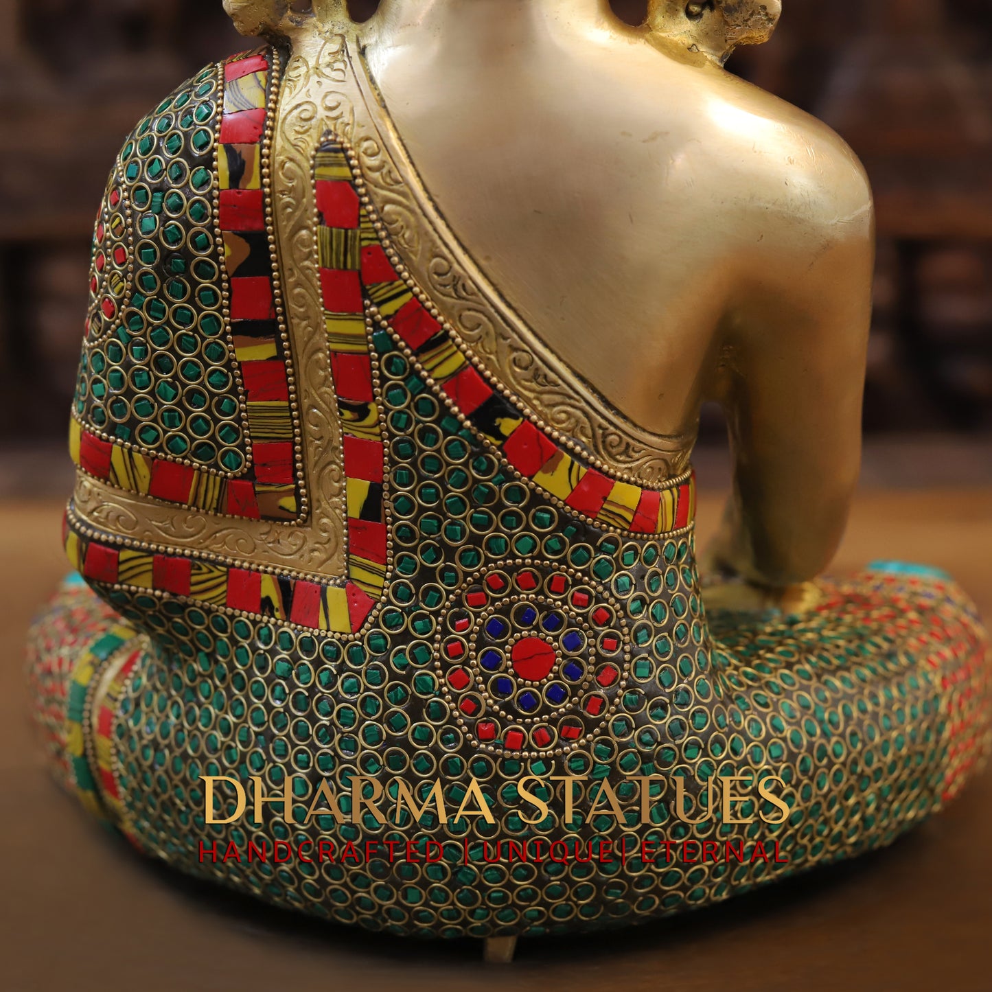 Brass Buddha seated, Bhumisparsha Mudra, Golden & Stonework, 13"