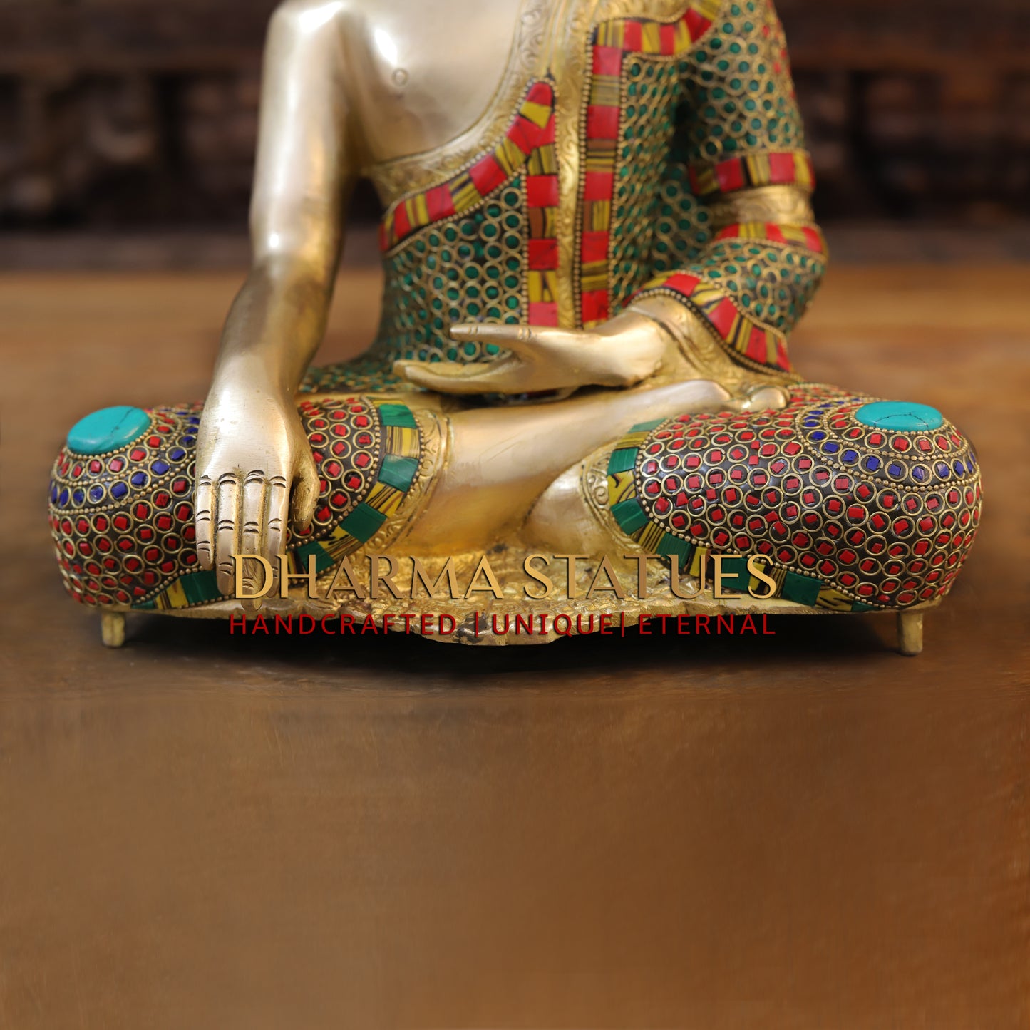 Brass Buddha seated, Bhumisparsha Mudra, Golden & Stonework, 13"