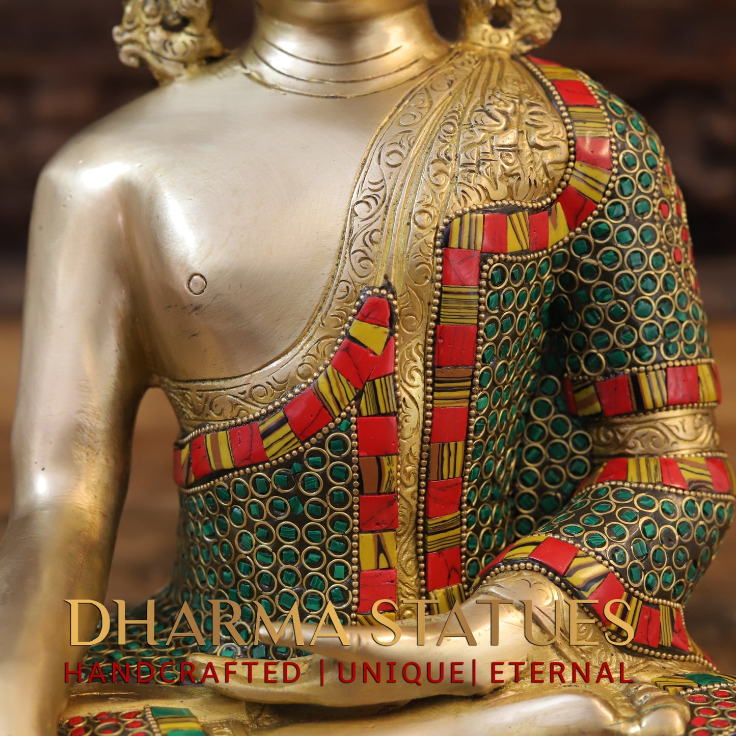 Brass Buddha seated, Bhumisparsha Mudra, Golden & Stonework, 13"