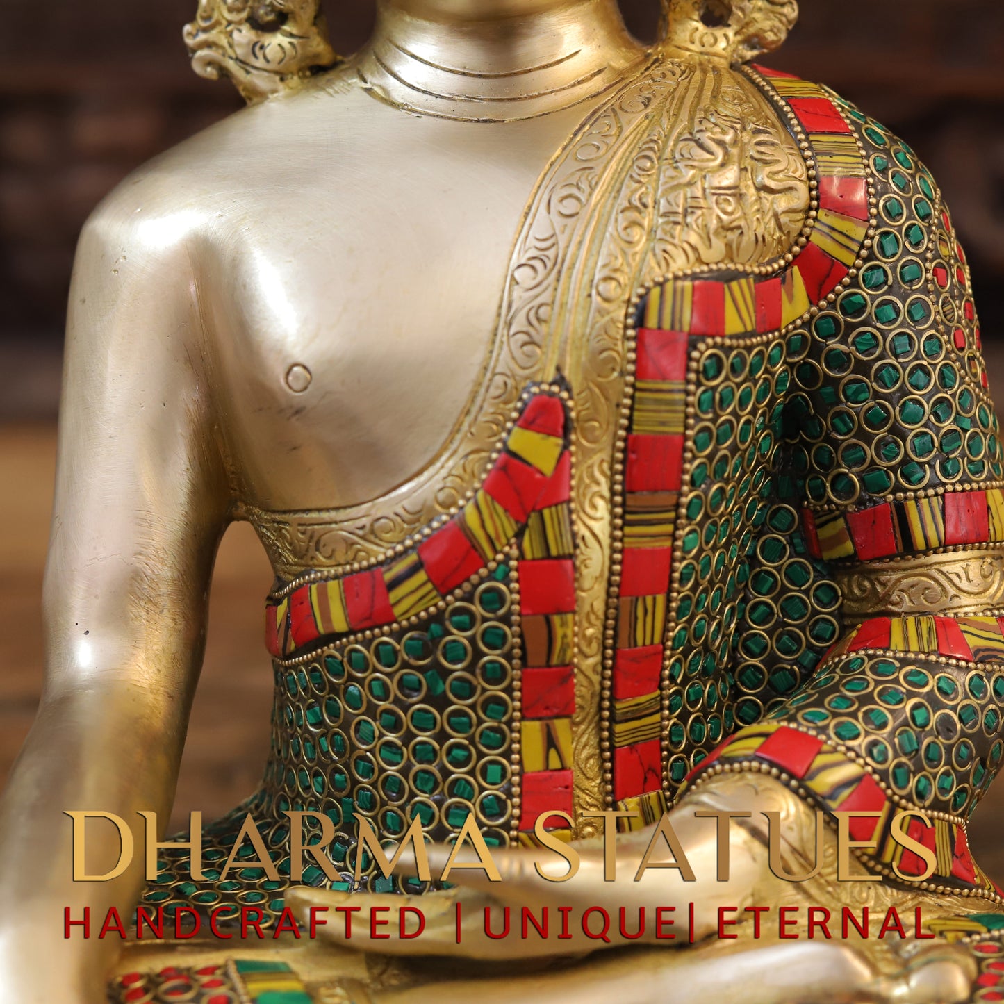 Brass Buddha seated, Bhumisparsha Mudra, Golden & Stonework, 13"
