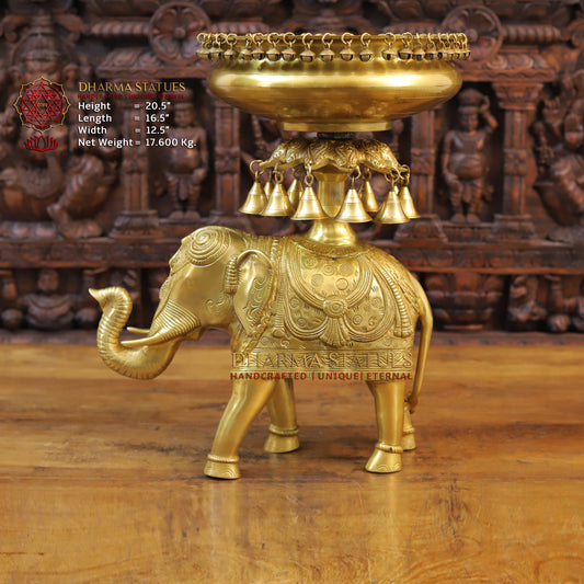 Brass Urli with Bells on Elephant, Golden Finish, 20.5"
