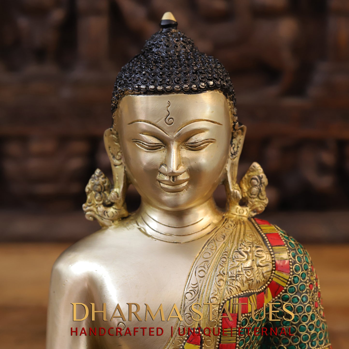 Brass Buddha seated, Bhumisparsha Mudra, Golden & Stonework, 13"