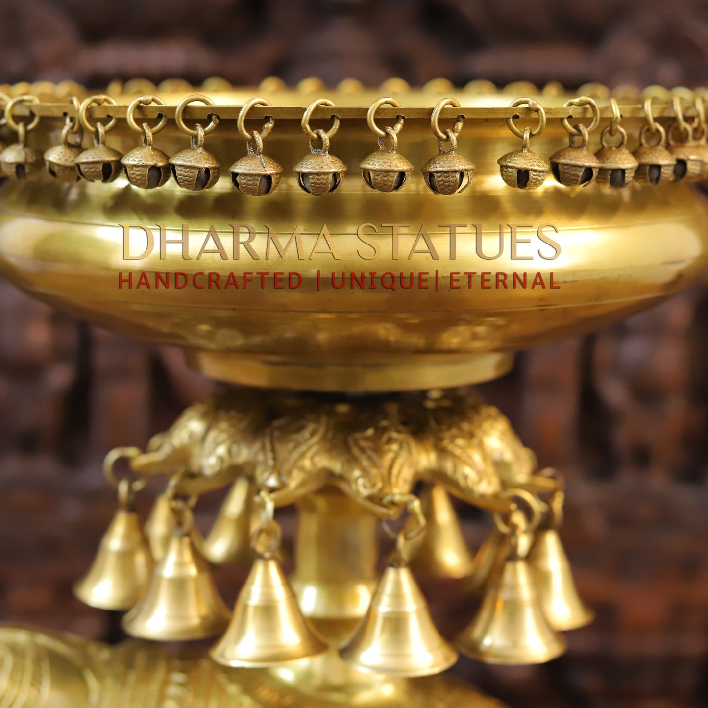 Brass Urli with Bells on Elephant, Golden Finish, 20.5"