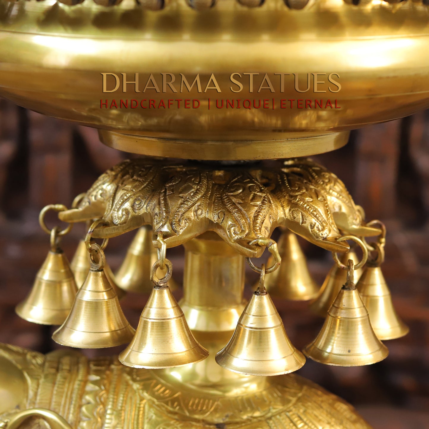 Brass Urli with Bells on Elephant, Golden Finish, 20.5"