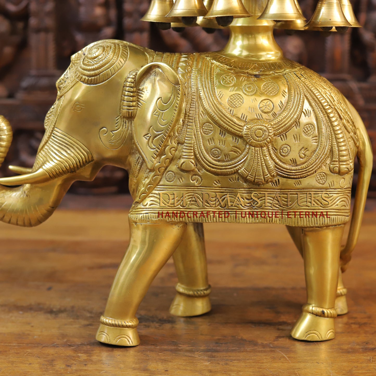 Brass Urli with Bells on Elephant, Golden Finish, 20.5"