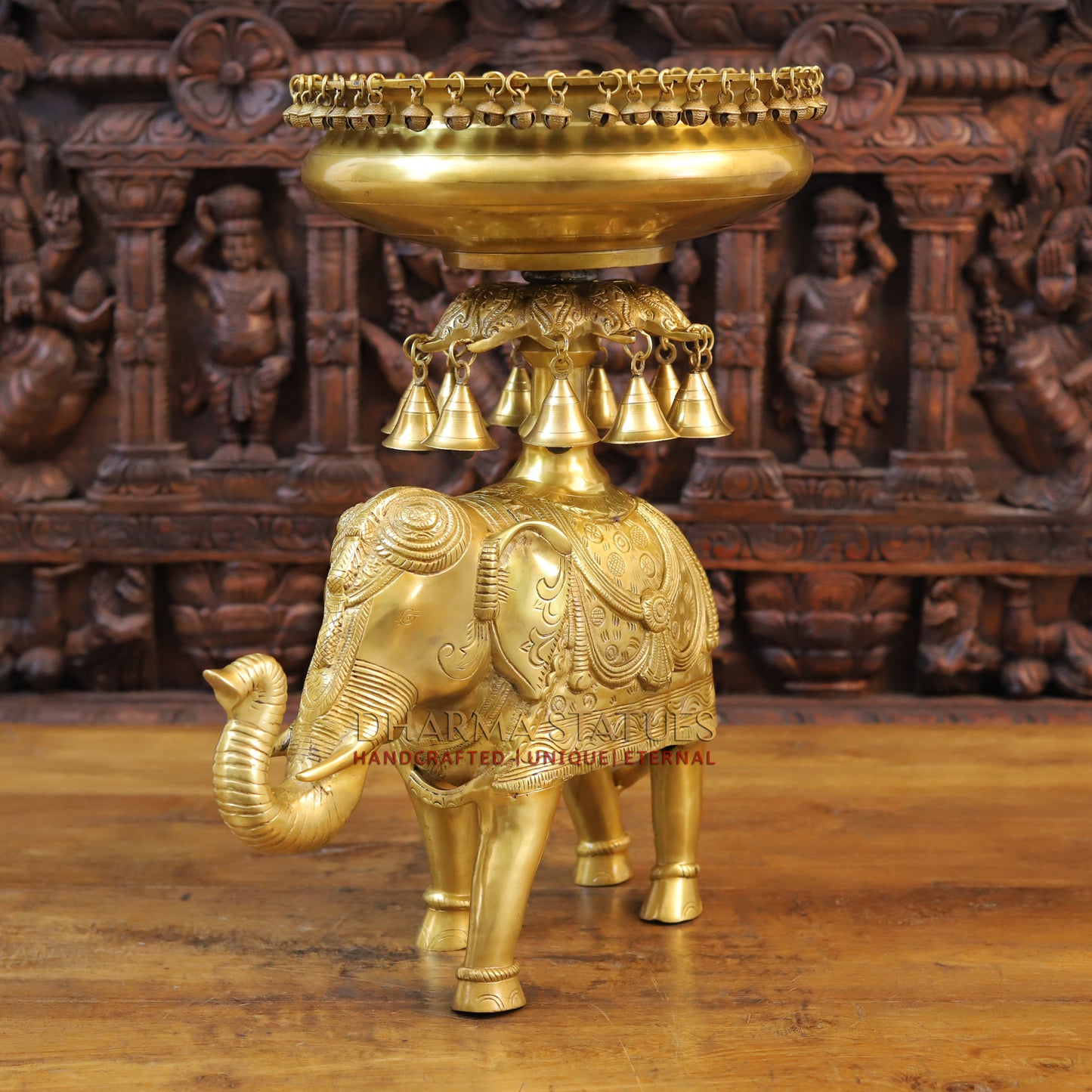 Brass Urli with Bells on Elephant, Golden Finish, 20.5"