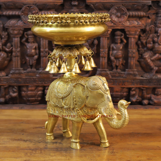 Brass Urli with Bells on Elephant, Golden Finish, 20.5"
