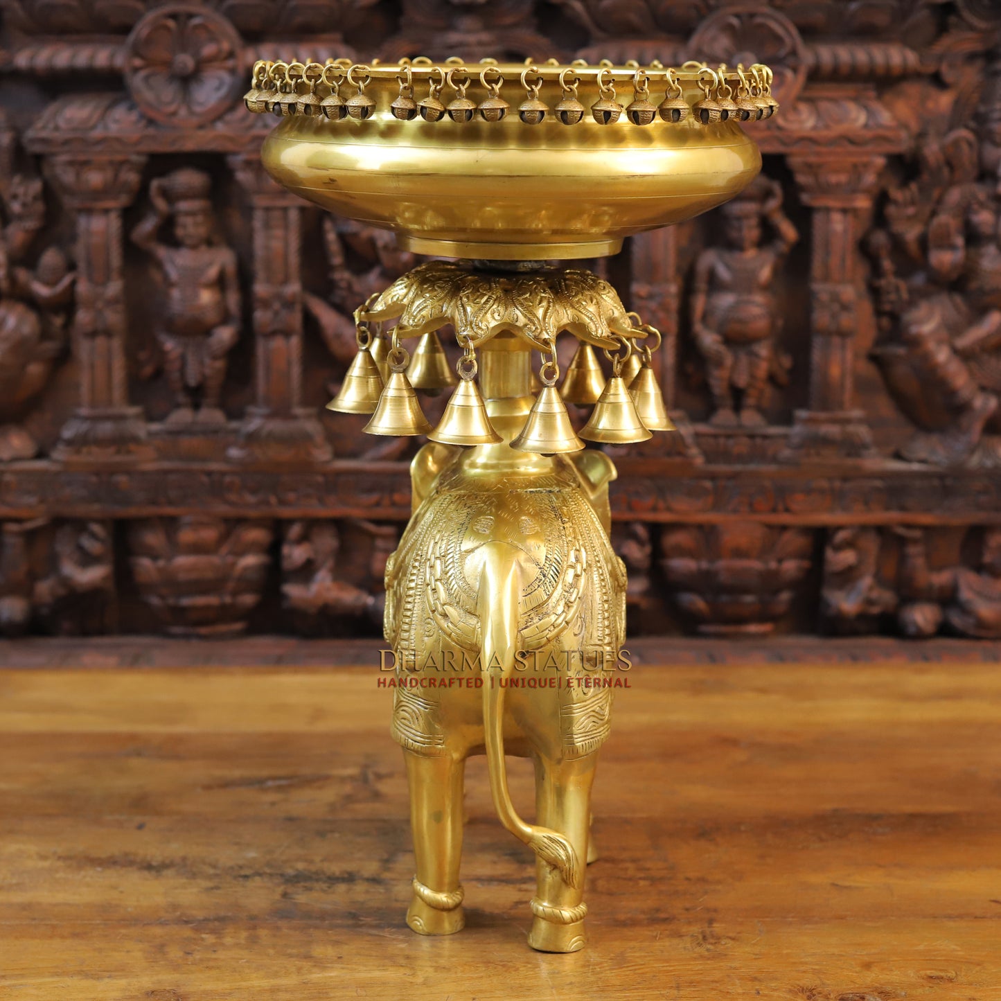 Brass Urli with Bells on Elephant, Golden Finish, 20.5"