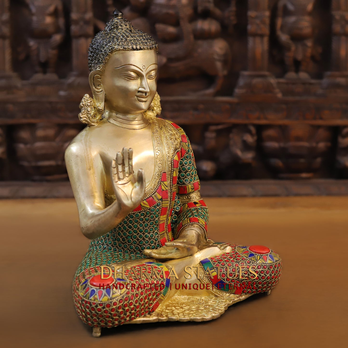Brass Buddha seated, Blessing Position, Golden & Stonework, 12.5"