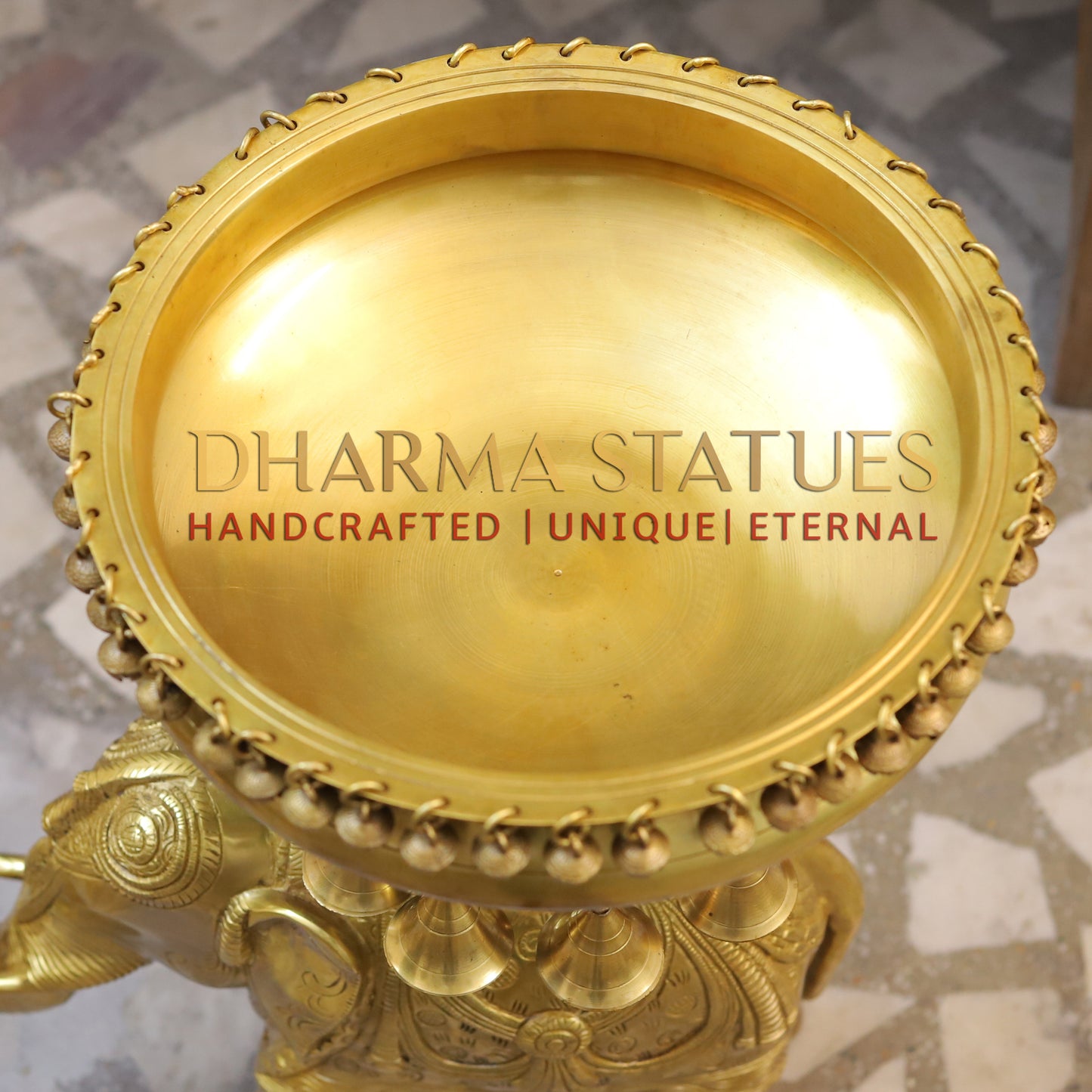 Brass Urli with Bells on Elephant, Golden Finish, 20.5"