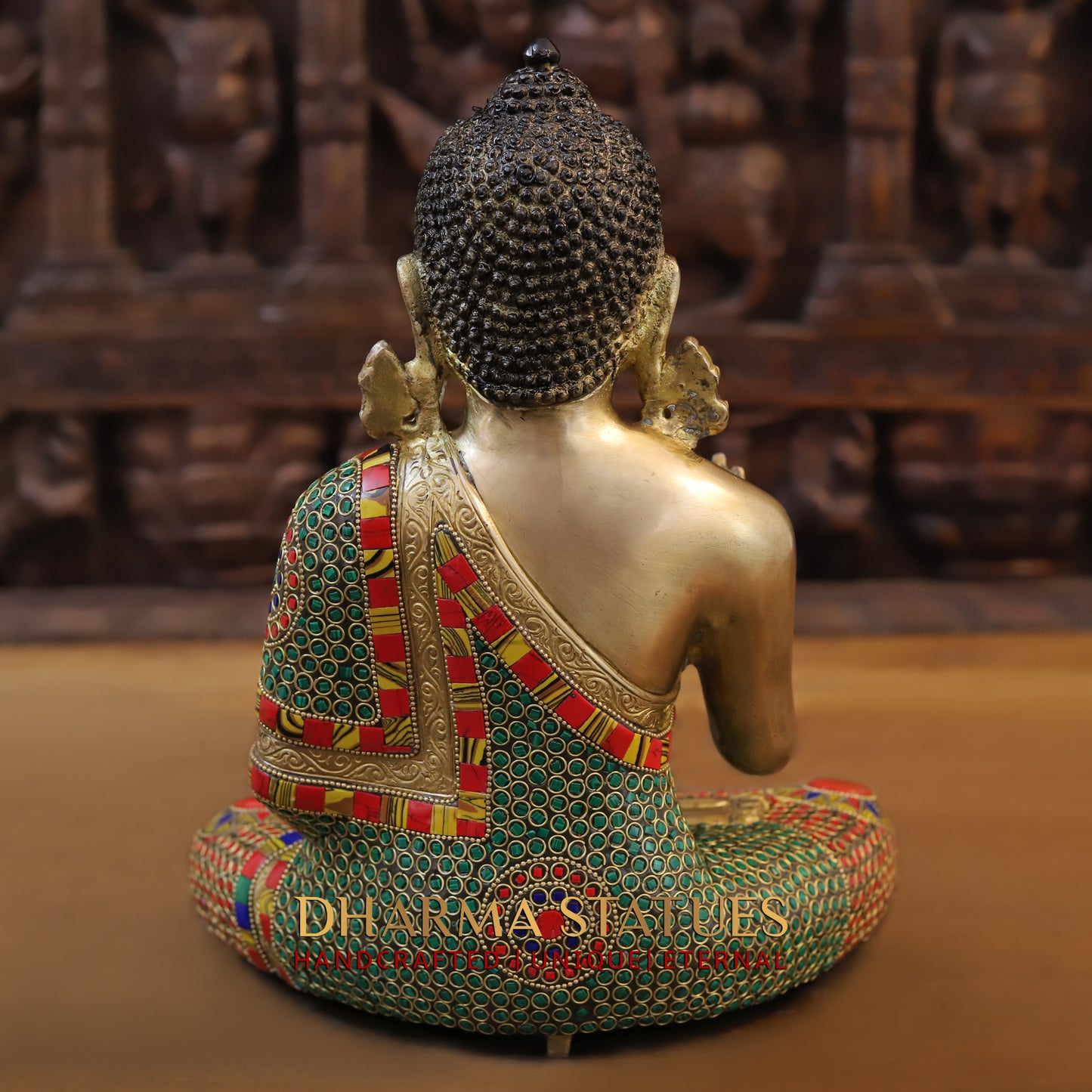 Brass Buddha seated, Blessing Position, Golden & Stonework, 12.5"