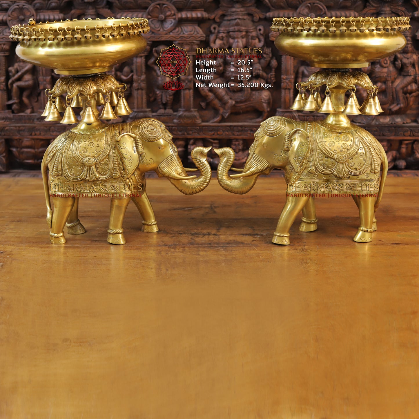 Brass Urli with Bells on Elephant, Golden Finish, 20.5"