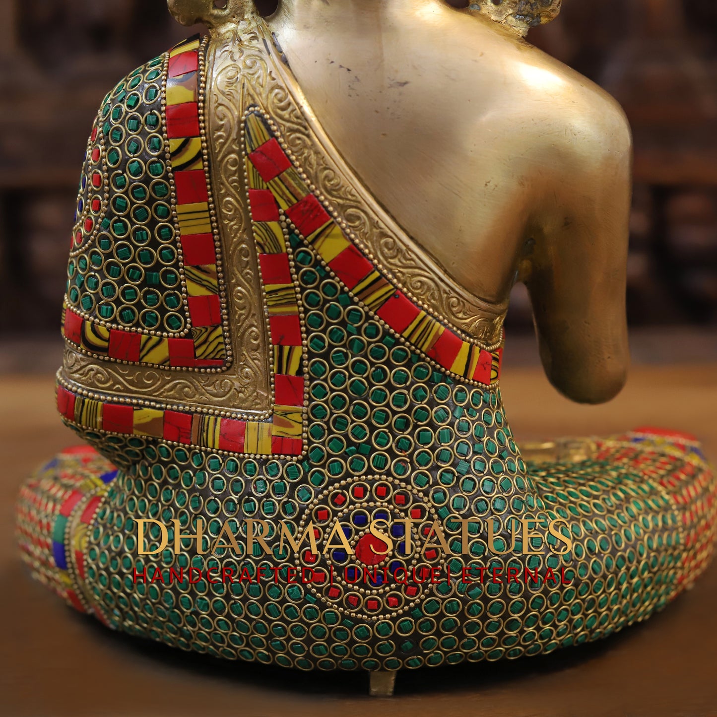 Brass Buddha seated, Blessing Position, Golden & Stonework, 12.5"