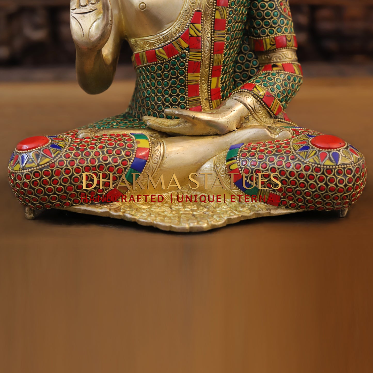 Brass Buddha seated, Blessing Position, Golden & Stonework, 12.5"