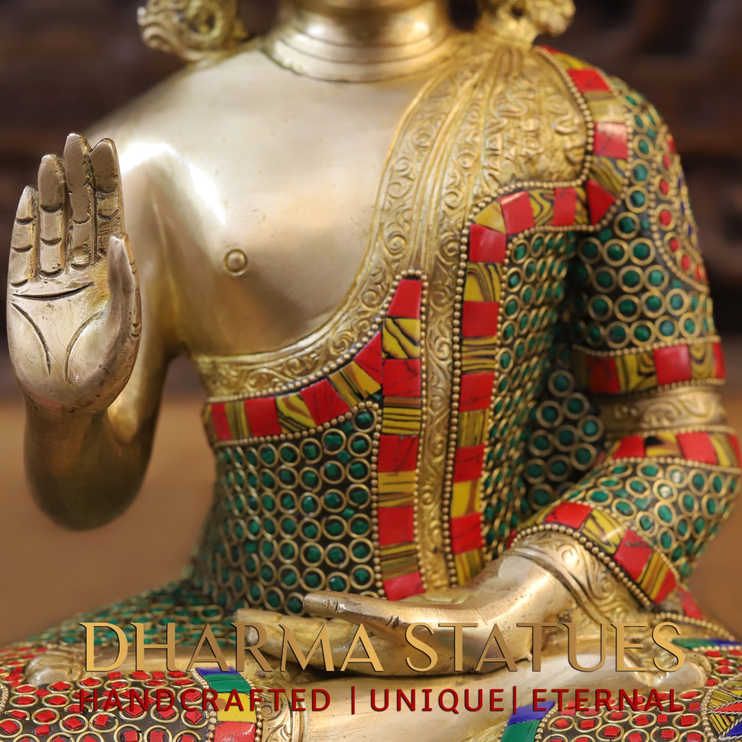 Brass Buddha seated, Blessing Position, Golden & Stonework, 12.5"