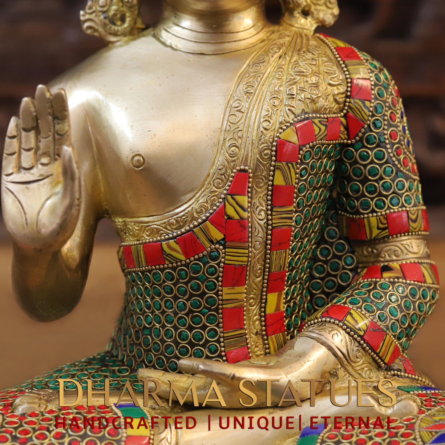 Brass Buddha seated, Blessing Position, Golden & Stonework, 12.5"