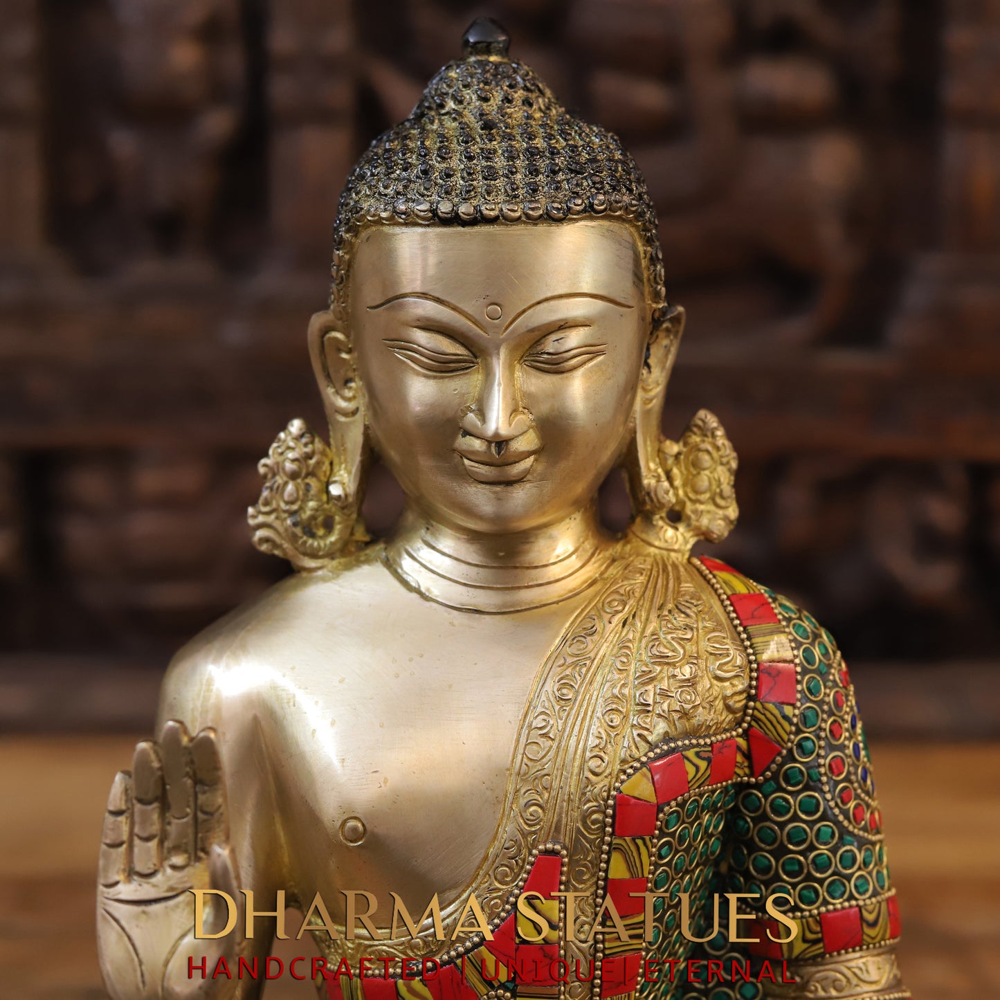 Brass Buddha seated, Blessing Position, Golden & Stonework, 12.5"
