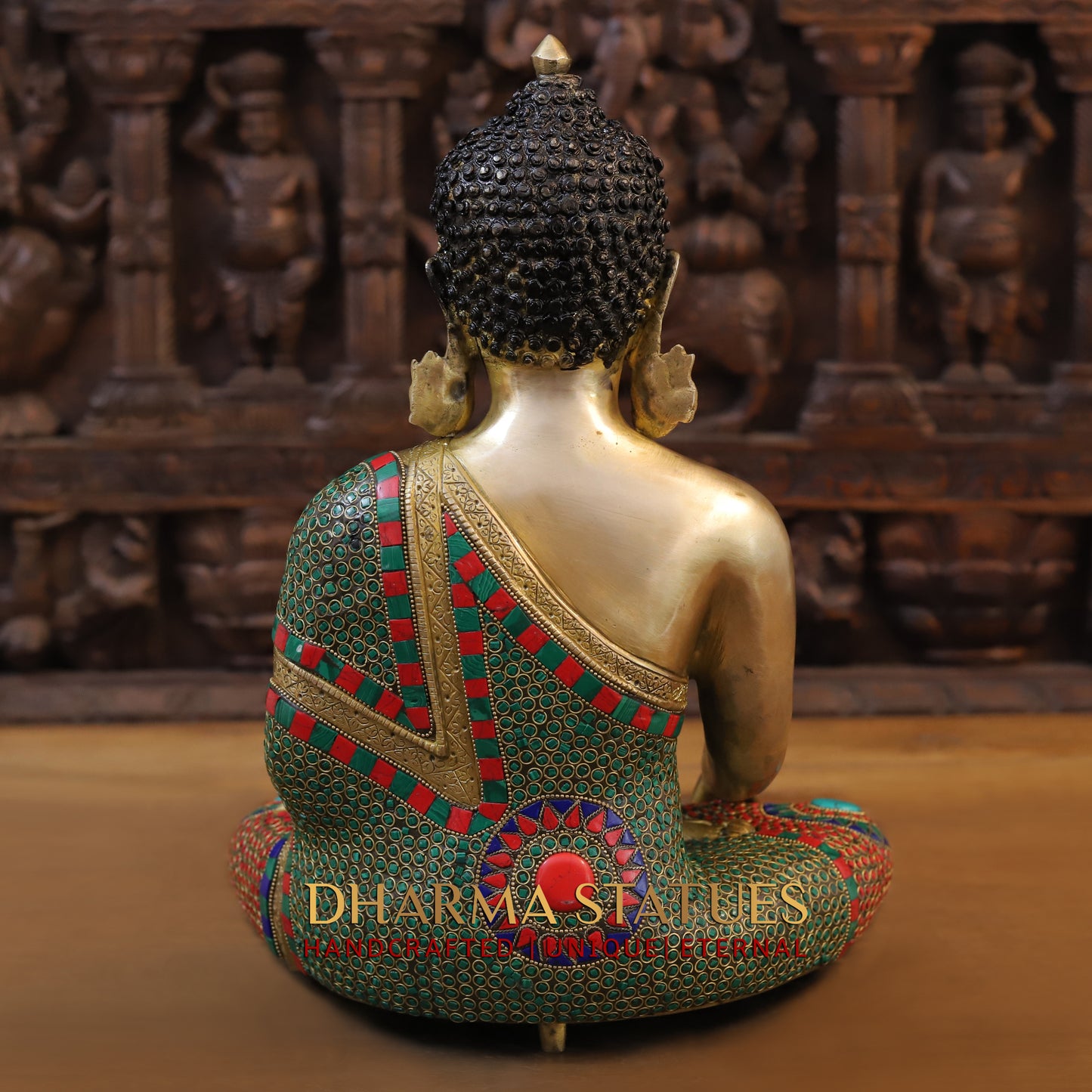 Brass Buddha seated, Bhumisparsha Mudra, Golden & Stonework, 16"