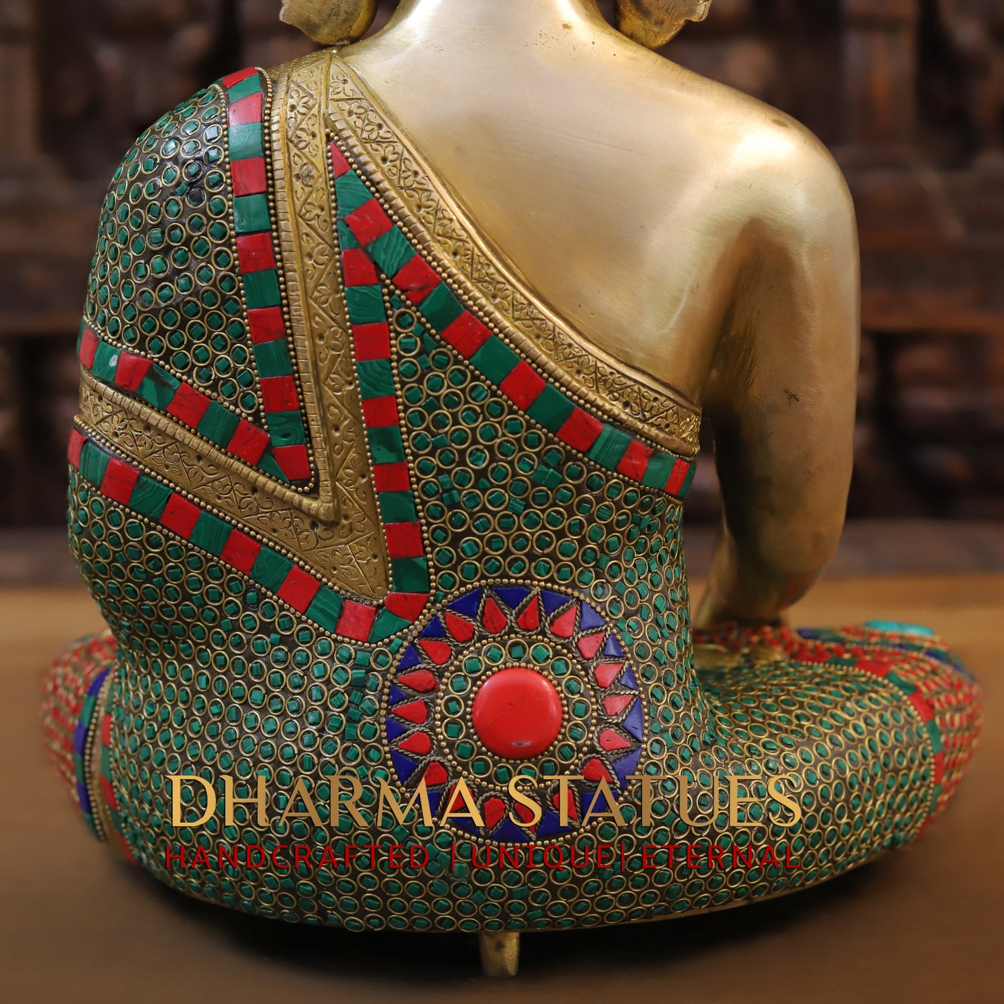 Brass Buddha seated, Bhumisparsha Mudra, Golden & Stonework, 16"