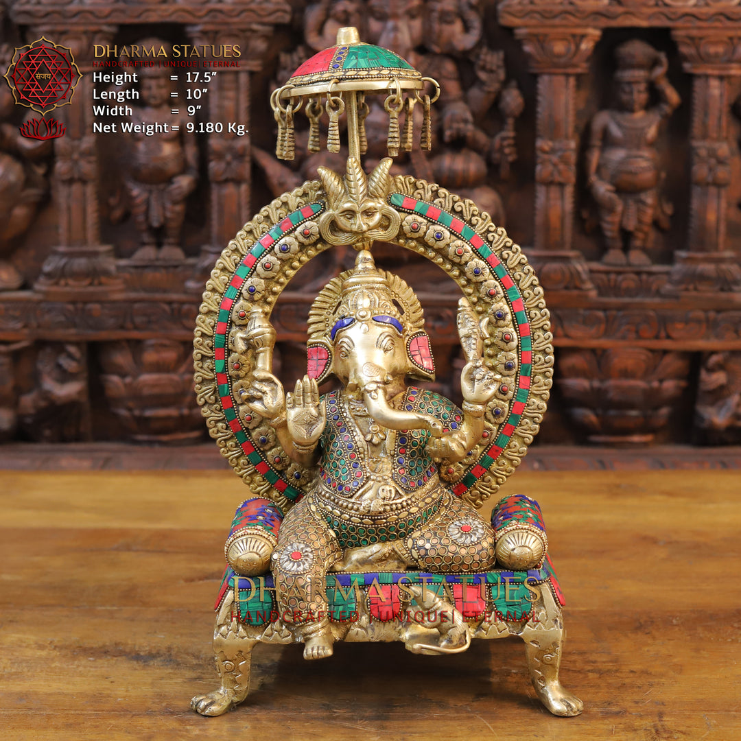 Brass Ganesh Statue, Seated on a Chowki, Fine Golden and Stone work 17.5" Front View