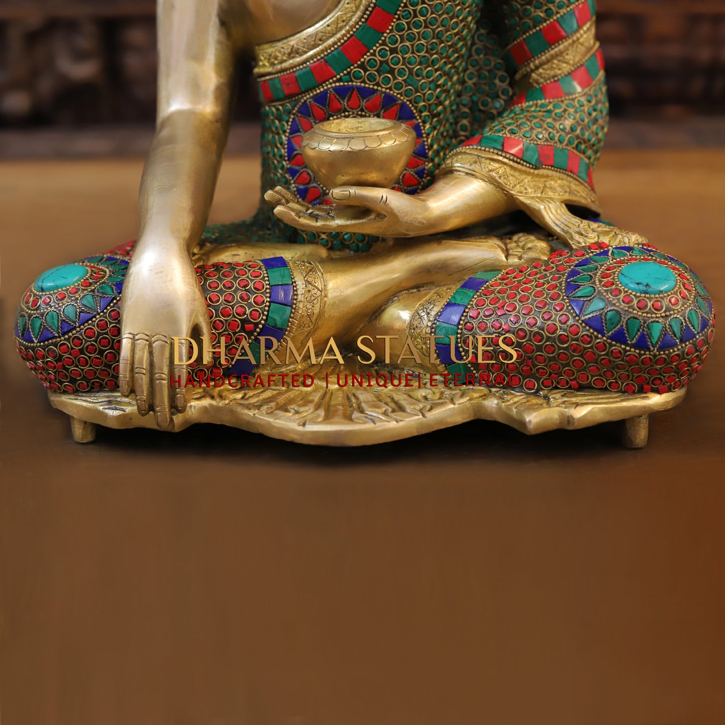 Brass Buddha seated, Bhumisparsha Mudra, Golden & Stonework, 16"