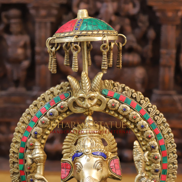 Brass Ganesh Statue, Seated on a Chowki, Fine Golden and Stone work 17.5"