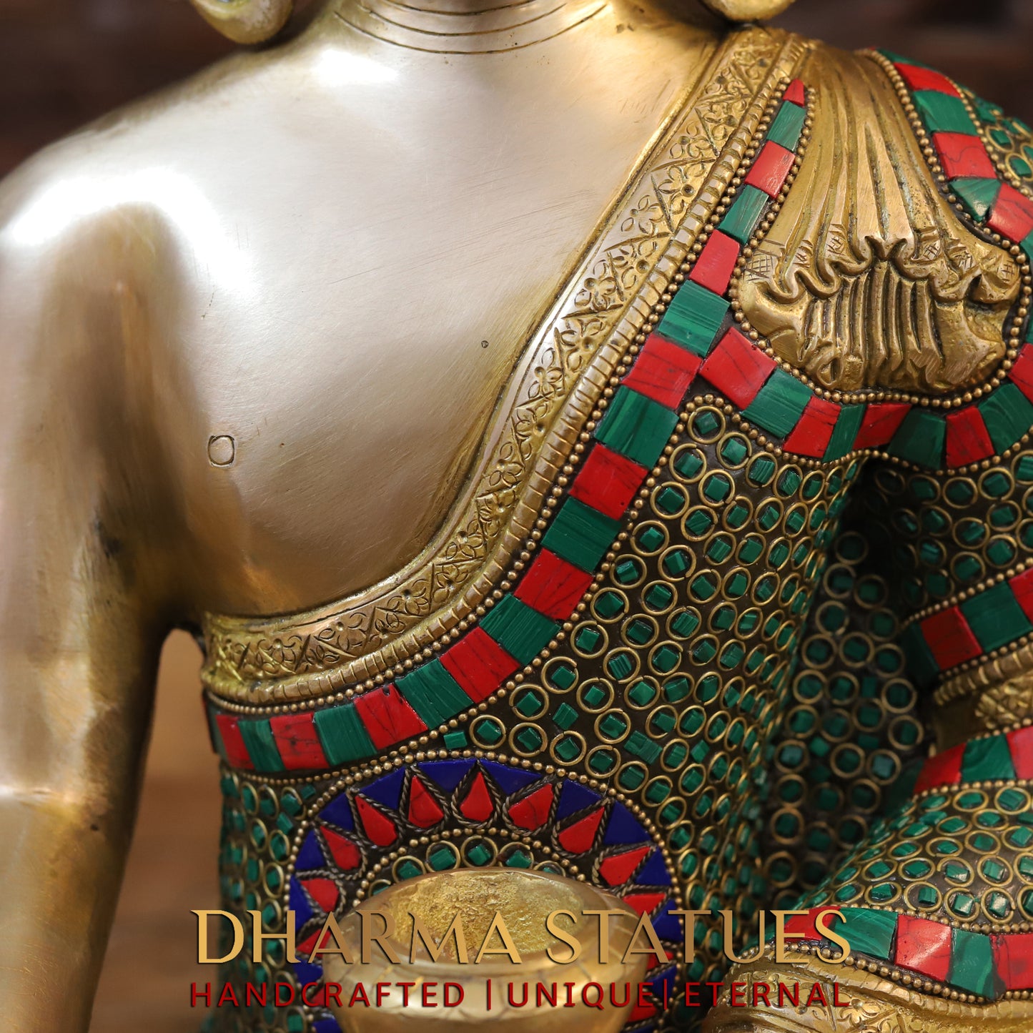 Brass Buddha seated, Bhumisparsha Mudra, Golden & Stonework, 16"