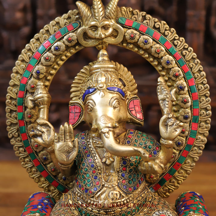 Brass Ganesh Statue, Seated on a Chowki, Fine Golden and Stone work 17.5"