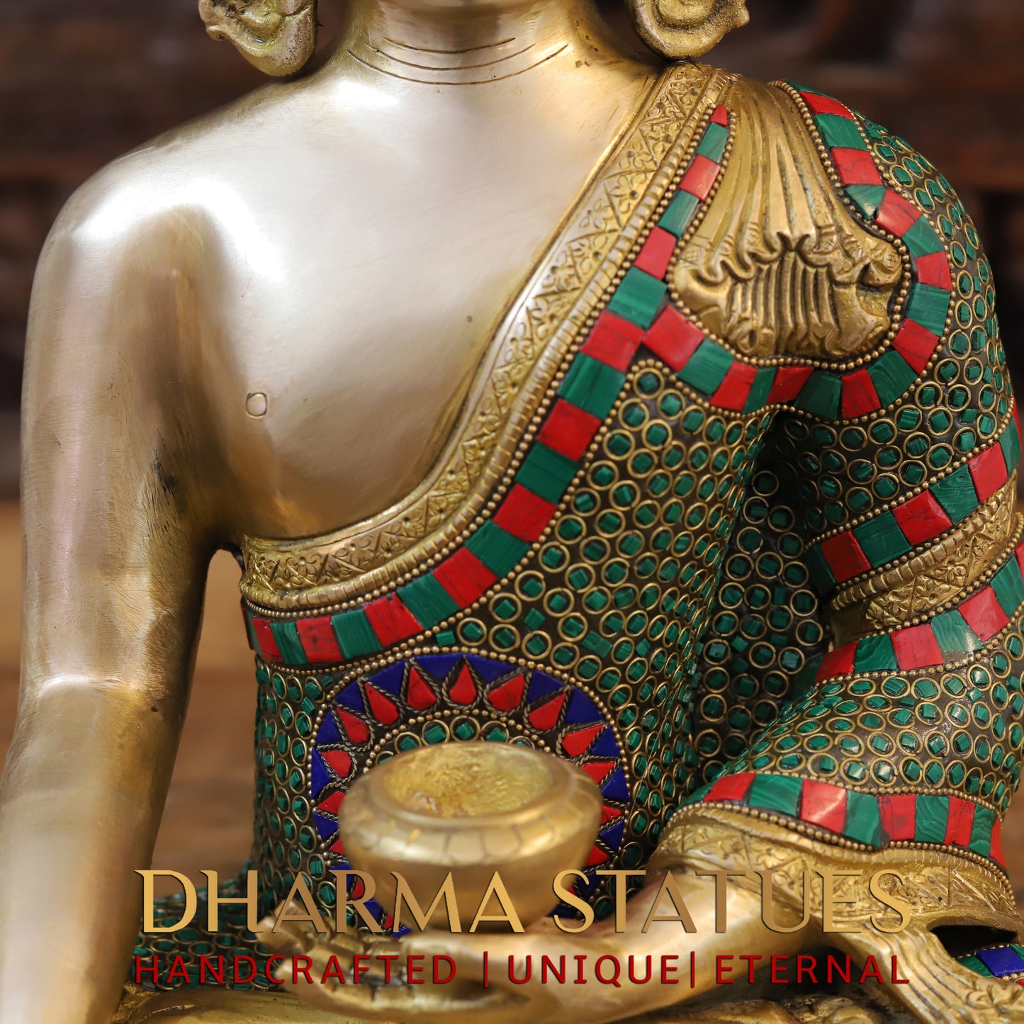 Brass Buddha seated, Bhumisparsha Mudra, Golden & Stonework, 16"