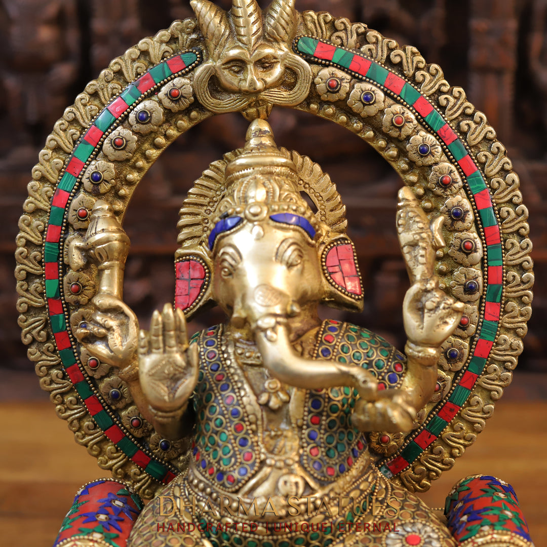 Brass Ganesh Statue, Seated on a Chowki, Fine Golden and Stone work 17.5"