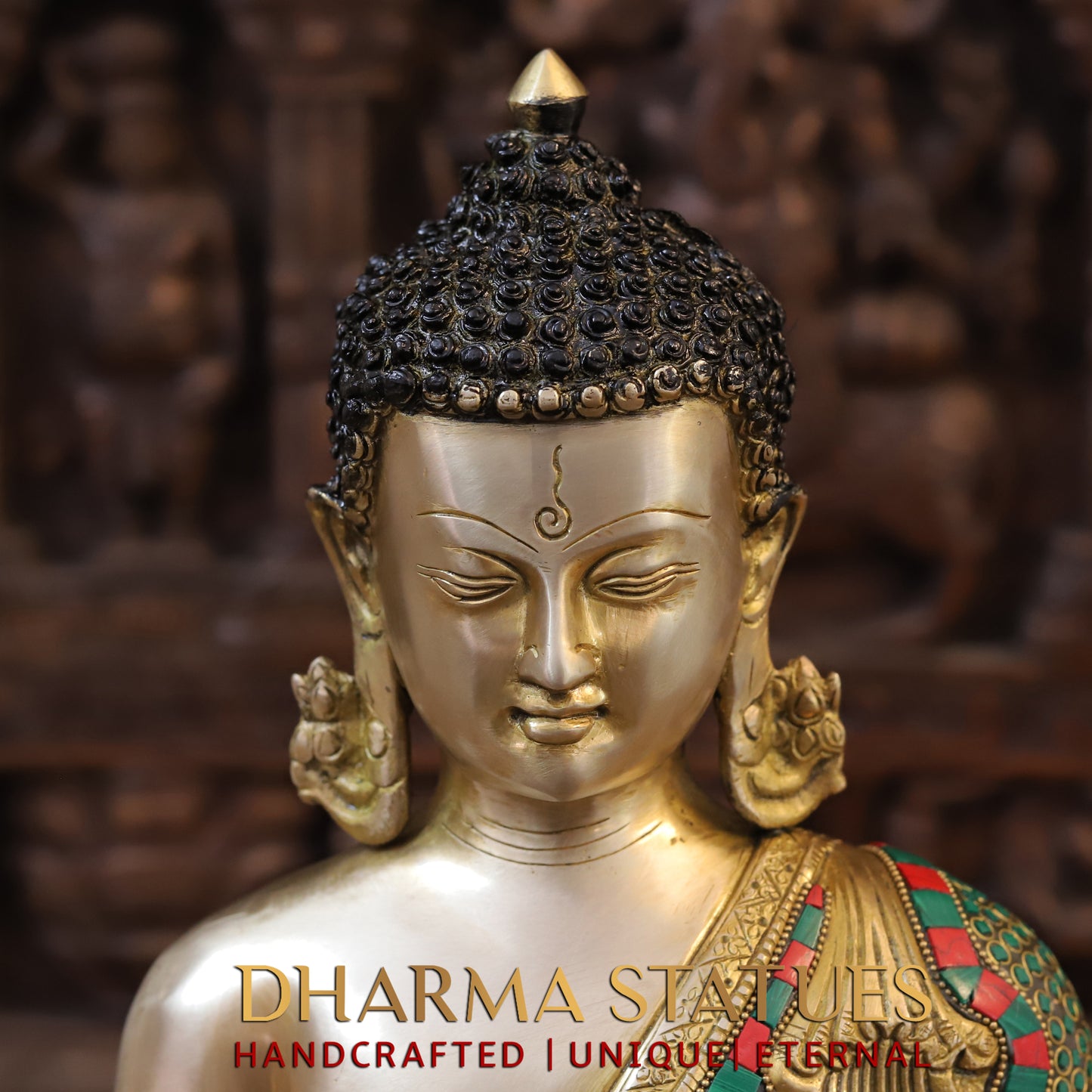 Brass Buddha seated, Bhumisparsha Mudra, Golden & Stonework, 16"