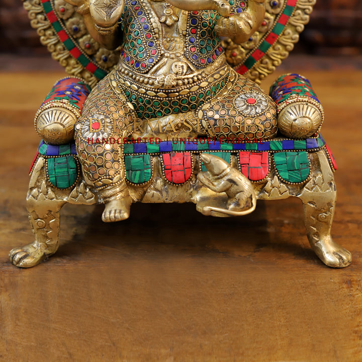 Brass Ganesh Statue, Seated on a Chowki, Fine Golden and Stone work 17.5"