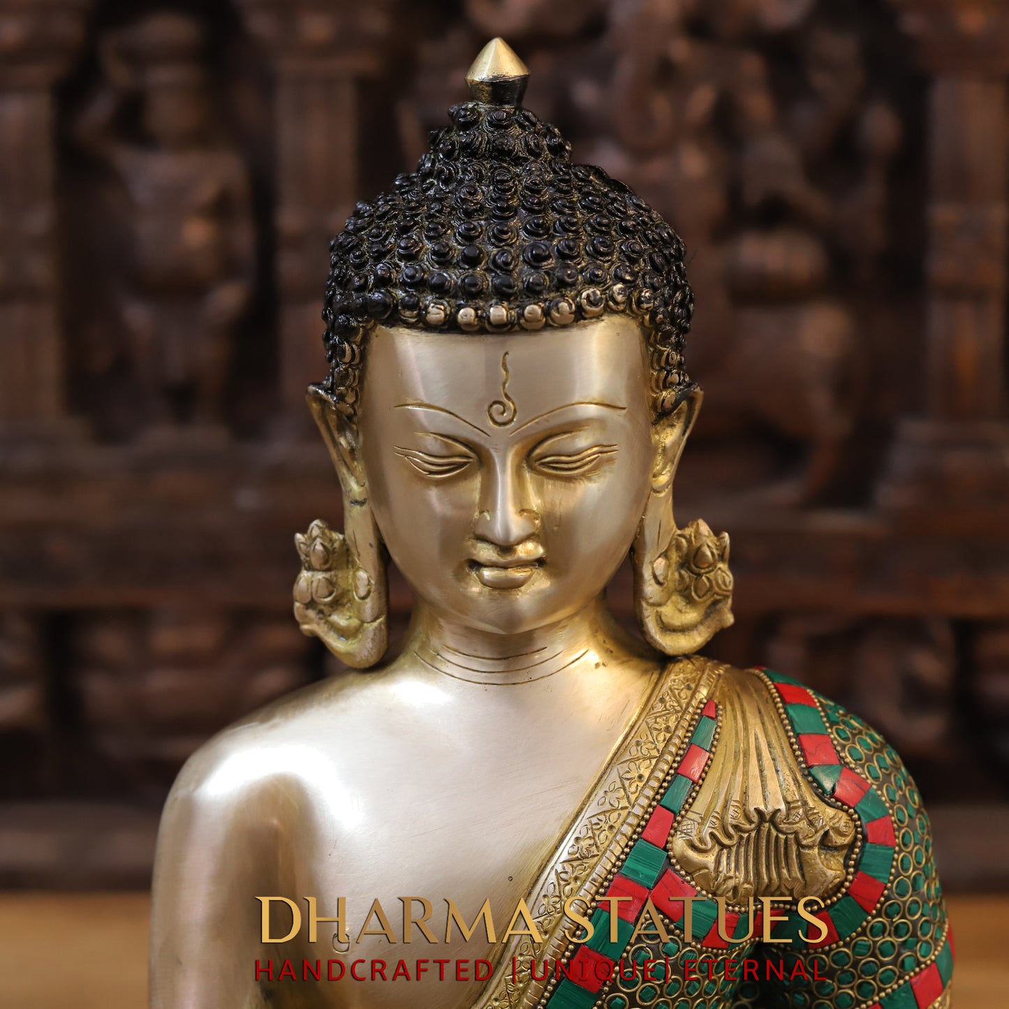 Brass Buddha seated, Bhumisparsha Mudra, Golden & Stonework, 16"