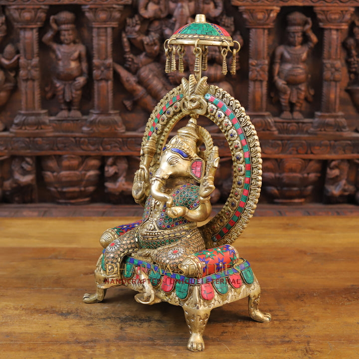 Brass Ganesh Statue, Seated on a Chowki, Fine Golden and Stone work 17.5" side view