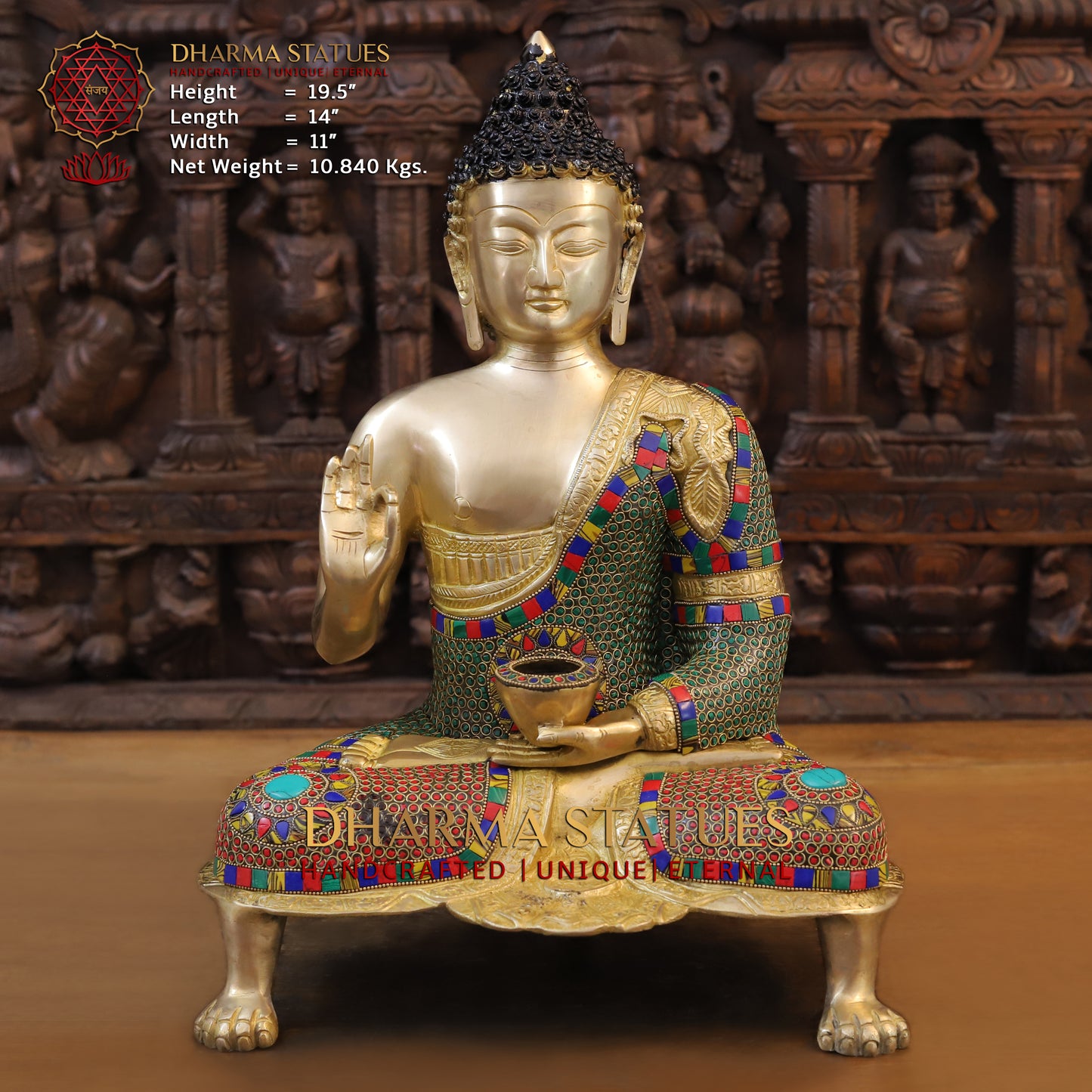 Brass Buddha seated, Abhaya Mudra, Golden & Stonework, 19.5"