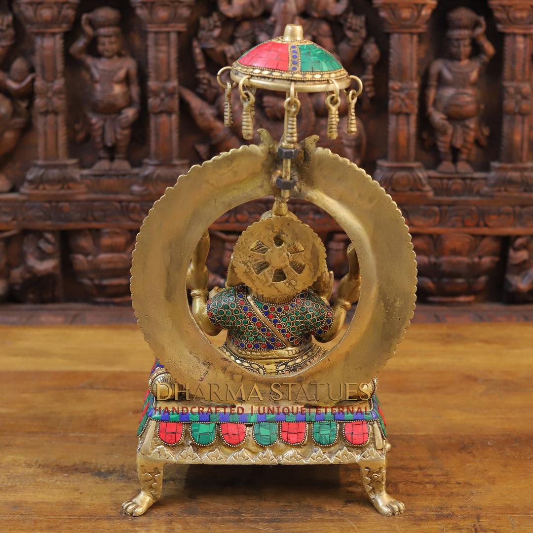 Brass Ganesh Statue, Seated on a Chowki, Fine Golden and Stone work 17.5" back view