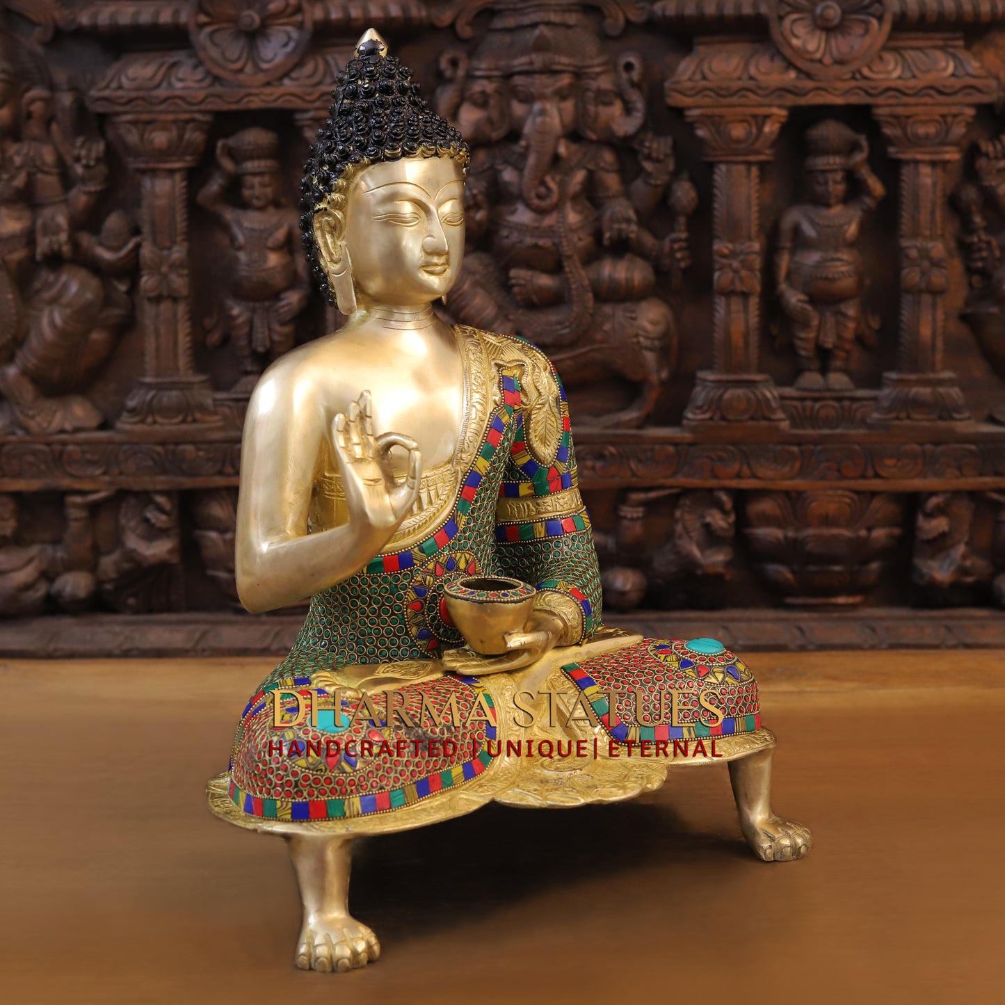 Brass Buddha seated, Abhaya Mudra, Golden & Stonework, 19.5"