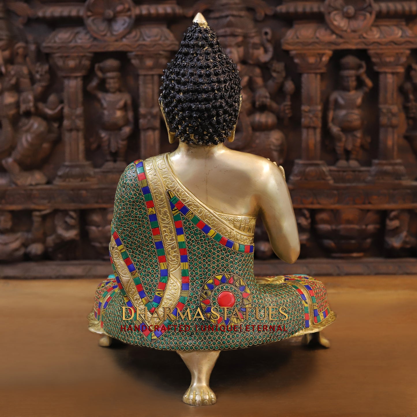 Brass Buddha seated, Abhaya Mudra, Golden & Stonework, 19.5"