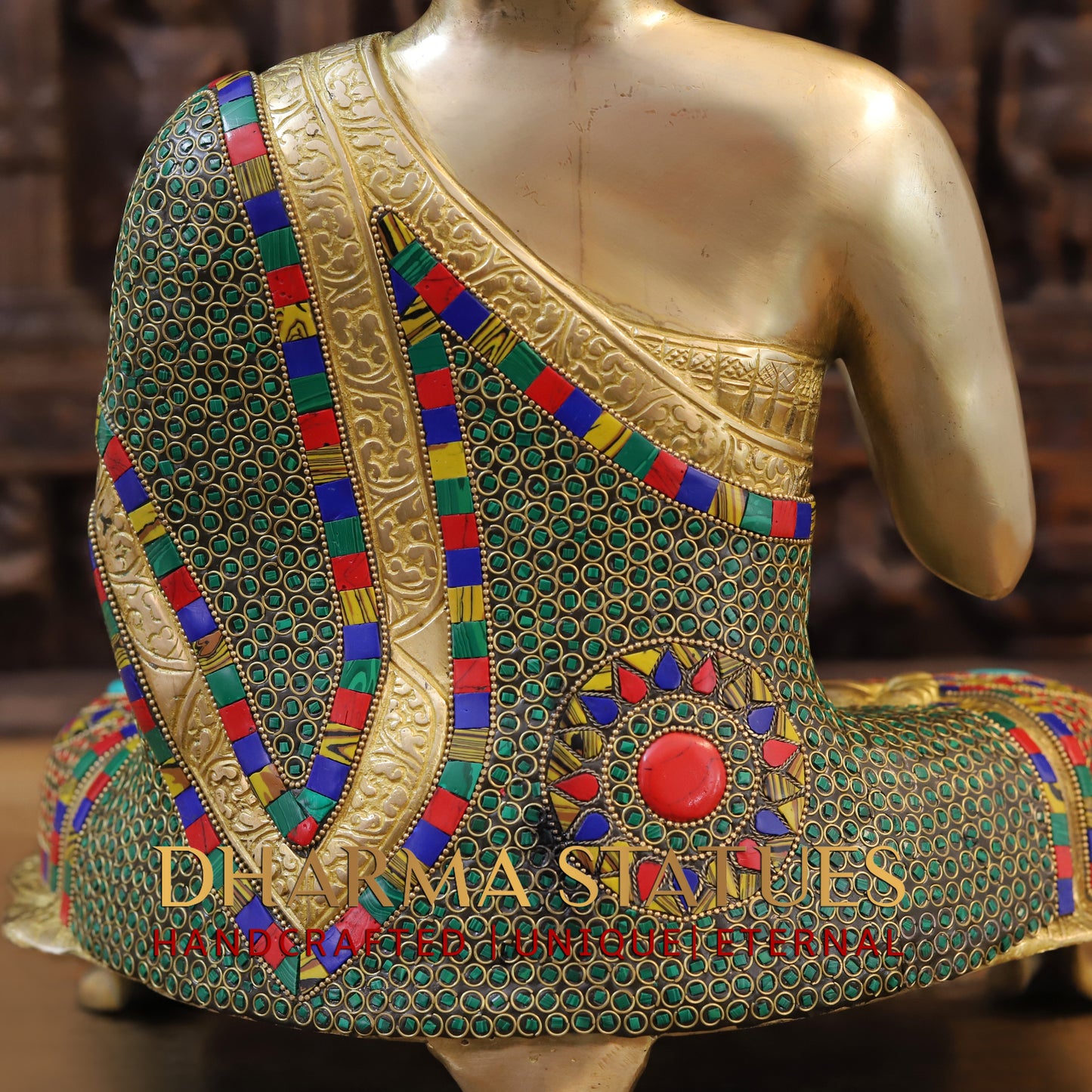 Brass Buddha seated, Abhaya Mudra, Golden & Stonework, 19.5"